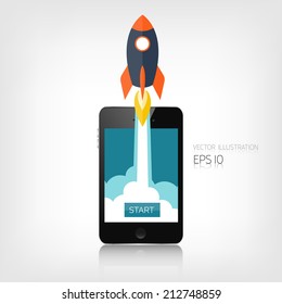 Rocket ship in a flat style.Vector illustration with 3d flying rocket.Space travel to the moon.Space rocket launch.Project start up and development process.Innovation product,creative idea.Smartphone