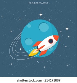 Rocket ship in a flat style.Vector illustration with 3d flying rocket.Space travel to the moon.Space rocket launch.Project start up and development process.Innovation product,creative idea.Management.