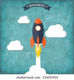 Rocket ship in a flat style.Vector illustration with 3d flying rocket.Space travel to the moon.Space rocket launch.Project start up and development process.Innovation product,creative idea.Management.
