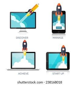 Rocket ship in a flat style.Vector illustration with 3d flying rocket.Space travel to the moon.Space rocket launch.Project start up and development process.Innovation product,creative idea.Smartphone