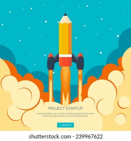 Rocket ship in a flat style.Vector illustration with 3d flying rocket.Space travel to the moon.Space rocket launch.Project start up and development process.Innovation product,creative idea.Management.