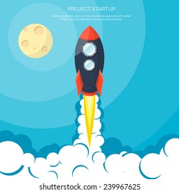 Rocket ship in a flat style.Vector illustration with 3d flying rocket.Space travel to the moon.Space rocket launch.Project start up and development process.Innovation product,creative idea.Management.
