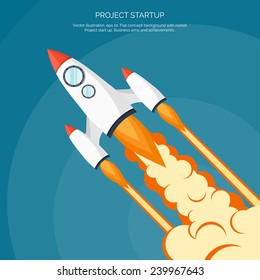 Lanzamiento de cohetes en un estilo plano.Ilustración vectorial con cohete volador 3d.Viaje espacial a la luna.Lanzamiento de cohetes espaciales.Inicio y desarrollo de proyectos.Producto de innovación,idea creativa.Gestión.