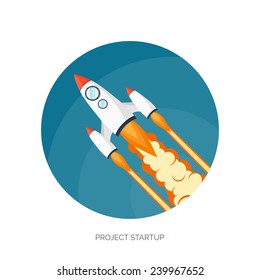 Rocket ship in a flat style.Vector illustration with 3d flying rocket.Space travel to the moon.Space rocket launch.Project start up and development process.Innovation product,creative idea.Management.