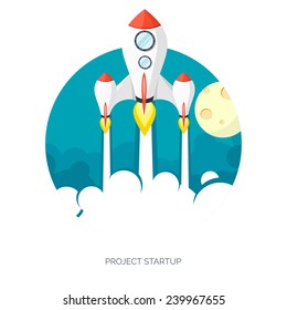 Rocket ship in a flat style.Vector illustration with 3d flying rocket.Space travel to the moon.Space rocket launch.Project start up and development process.Innovation product,creative idea.Management.