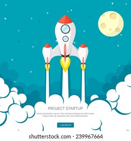 Rocket ship in a flat style.Vector illustration with 3d flying rocket.Space travel to the moon.Space rocket launch.Project start up and development process.Innovation product,creative idea.Management.