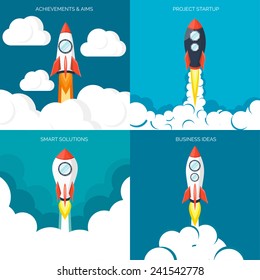 Rocket ship in a flat style.Vector illustration with 3d flying rocket.Space travel to the moon.Space rocket launch.Project start up and development process.Innovation product,creative idea.Management.