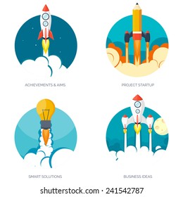 Rocket ship in a flat style.Vector illustration with 3d flying rocket.Space travel to the moon.Space rocket launch.Project start up and development process.Innovation product,creative idea.Management.