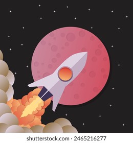 Rocket ship in a flat style.Vector illustration with 3d flying rocket.Space travel to the moon.Space rocket launch.Project start up and development process.Innovation product,creative idea.Management.