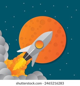 Rocket ship in a flat style.Vector illustration with 3d flying rocket.Space travel to the moon.Space rocket launch.Project start up and development process.Innovation product,creative idea.Management.