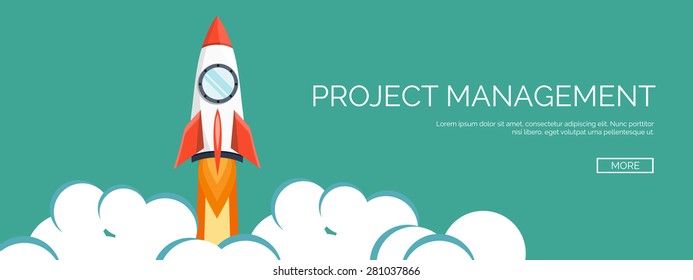 Rocket ship in a flat style.Vector illustration with 3d flying rocket.Space travel to the moon.Space rocket launch.Project start up and development process.Innovation product,creative idea.Management.