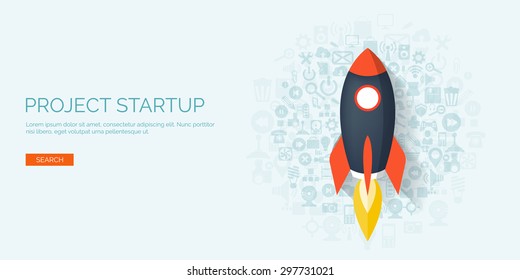 Rocket ship in a flat style.Vector illustration with 3d flying rocket.Space travel to the moon.Space rocket launch.Project start up and development process.Innovation product,creative idea.Management.