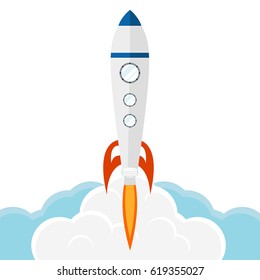 Rocket ship in a flat style.Vector illustration with 3d flying rocket.Space travel to the moon.Space rocket launch.Project start up and development process.Innovation product,creative idea.Management.