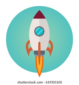 Rocket ship in a flat style.Vector illustration with 3d flying rocket.Space travel to the moon.Space rocket launch.Project start up and development process.Innovation product,creative idea.Management.