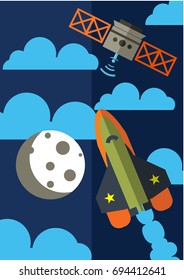Rocket ship in a flat style.Vector illustration. Space rocket launch.Project start up and development process.Innovation product,creative idea.Management.