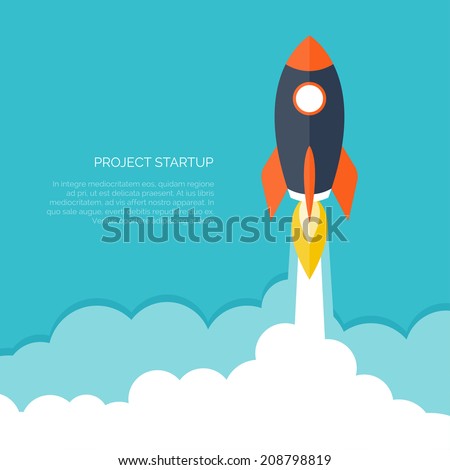 Rocket ship in a flat style.Vector illustration with 3d flying rocket.Space travel to the moon.Space rocket launch.Project start up and development process.Innovation product,creative idea.Management.