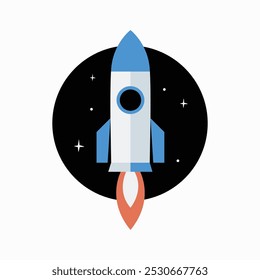 Rocket ship in flat vector illustration symbolizing innovation, technology, and exploration, isolated on white background.