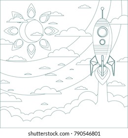 A rocket ship flies into space. In the sky the sun and clouds. Vector illustration.