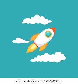 Rocket ship flies up with sky clouds on blue background. Flat icon. Vector illustration with flying shuttle. Space travel. Space rocket launch. New project start up concept. Creative idea.