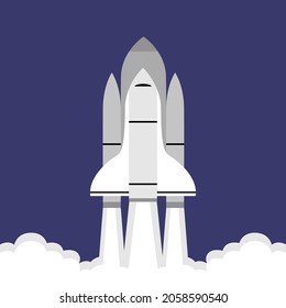 Rocket ship flies up with sky clouds on purple background. Vector illustration with flying shuttle. Space travel. Space rocket launch. Creative ideas.