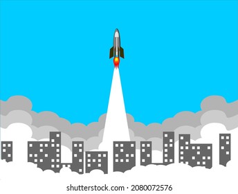 Rocket ship flies up with sky clouds on blue background. Flat icon. Skyscraper vector illustration with flying shuttle. Space travel. New project start up concept. Creative idea. 