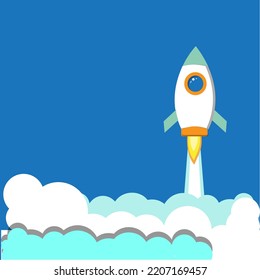 Raketenschiff fliegt mit Himmelswolken auf blauem Hintergrund auf. Flaches Symbol. Vektorgrafik mit fliegendem Shuttle. Raumfahrt. Raketenstart im Weltraum. Neues Projektstartkonzept. Kreative Idee.