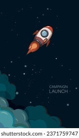 El barco de cohetes vuela con el fondo de las nubes de color del cielo. Icono plano. Ilustración vectorial con lanzadera voladora. Viaje espacial. Lanzamiento de cohetes espaciales. Nuevo concepto de inicio de proyecto. Idea creativa.