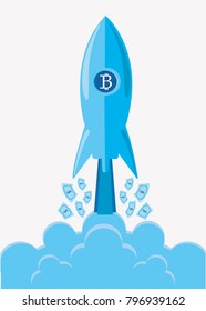 Rocket Ship flying above clouds. Cryptocurrency Blockchain Crypto Vector Resizable. Vector illustration.