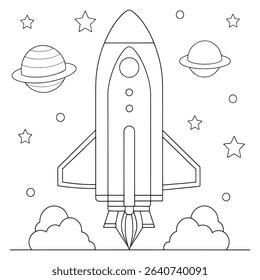 Rocket ship flying among stars and planets in space with hand drawn art style illustration
