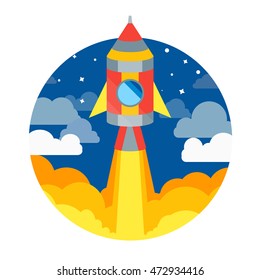 Rocket Ship Flying in Circle. Flat Design. Vector illustration Start up Label with Red Rocketship Start in Cosmos