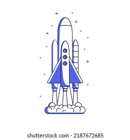 Rocket ship flying to future, cosmos. Spaceship, rocketship speed up. Space shuttle, spacecraft boosting, accelerating. Startup launch concept. Flat vector illustration isolated on white background