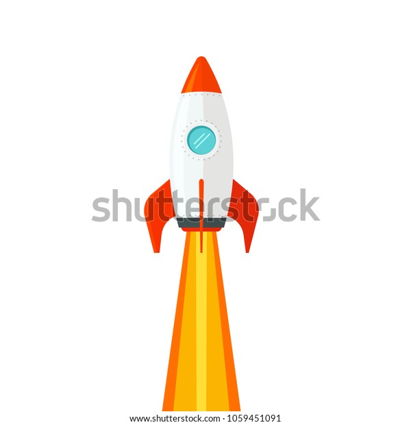 白い背景にロケット船が飛ぶベクターイラスト ロケット船の発射の平らな漫画デザイン ミサイル飛行 のベクター画像素材 ロイヤリティフリー
