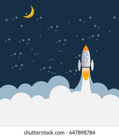 Rocket ship flying to the moon in dark sky. Vector art and illustration
