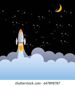 Rocket ship flying to the moon in dark sky. Vector art and illustration