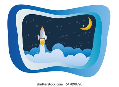 Rocket ship flying to the moon in dark sky. Vector art and illustration