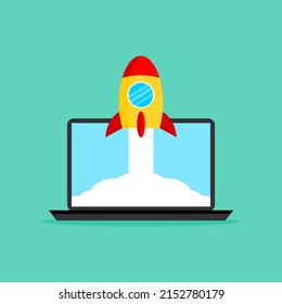Lanzamiento de un cohete desde una laptop. Tecnología de desarrollo. Concepto de inicio. Ilustración del vector