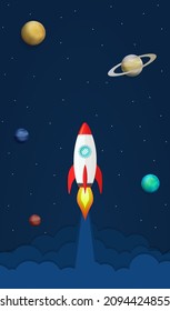 Rocket ship flying in the sky between planets. Paper art style background illustration vector. Concept of space, science, futuristic, travel exploration, business, startup, growth, toy, creative idea.