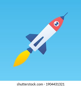 Rocket ship flying in sky, fast delivery, future space travel, startup technology flat vector illustration.