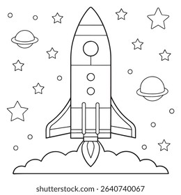 Rocket ship flying in space among stars and planets in a simple artistic drawing illustration