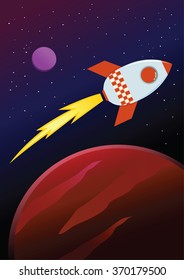 Rocket ship flying in space between planets, vector illustration