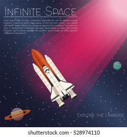 The rocket ship flying in the space. Spaceship background. Projects template for business. poster with flat abstract vector illustration.