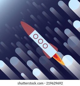 Rocket Ship Flying Through Hyper Space - Vector Illustration