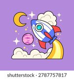 Rocket ship flying through space with moon, stars, clouds, and planet elements. Cute vector cartoon perfect for kids, adventure, and astronomy themes vector illustration for sticker design