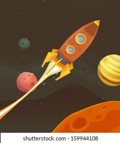 Rocket Ship Flying Through Space/ Illustration of a cartoon retro red spaceship blasting off and exploring space and planets