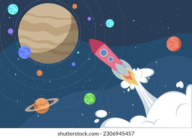 Rocket ship flying towards Jupiter vector illustration. Cartoon drawing of European spaceship on icy moons mission, search for life and water in space. Outer space, science, exploration concept