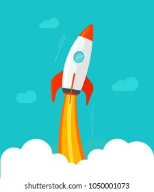 Rocket ship flying vector illustration, flat cartoon comic design or rocketship launch, missile flight in the sky 