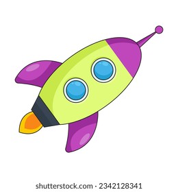 Rocket ship flying vector illustration. Cartoon drawing of colorful spaceship toy isolated on white background. Space, spacecraft, business, startup, technology concept