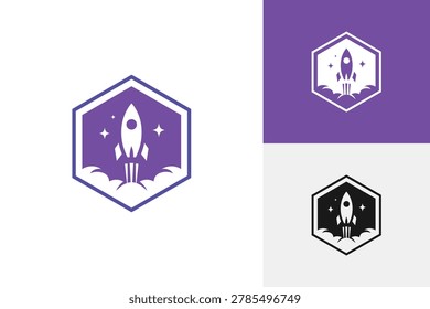 Rocket Ship Hexagon Badge Space Launch For Technology Startup Logo Icon Design