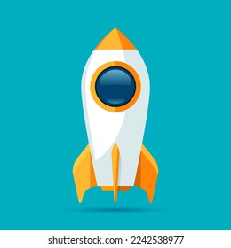 Rocket ship icon in flat style. Spacecraft on color background. Start up illustration. Vector design object for you project 