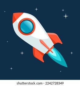 Rocket ship icon in flat style. Spacecraft takeoff on space background. Start up illustration. Vector design object for you project 